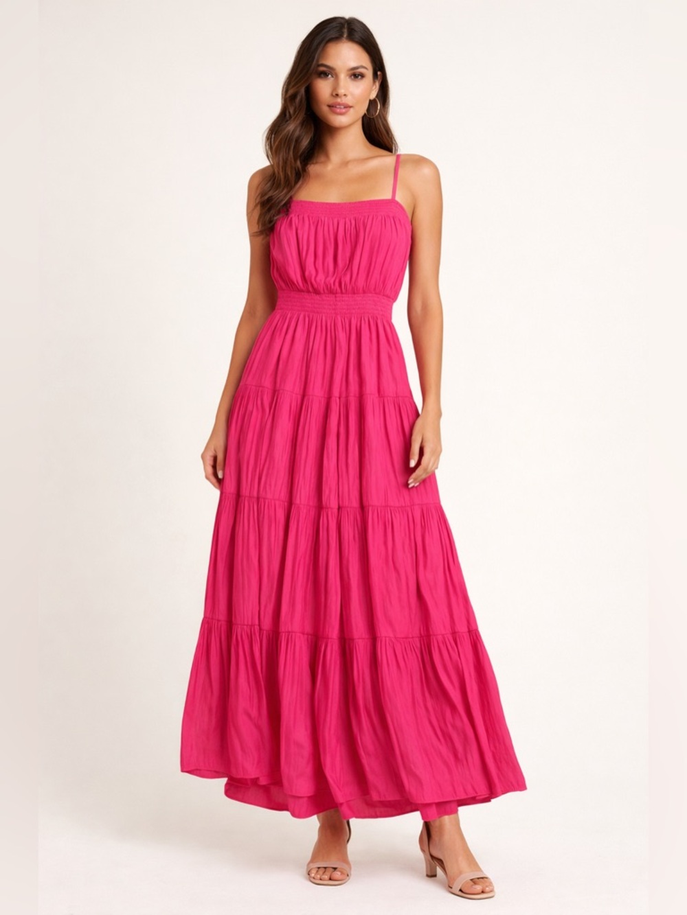 EVEREVE Pink Maxi Dress Smocked Tiered Strappy Boho Size S